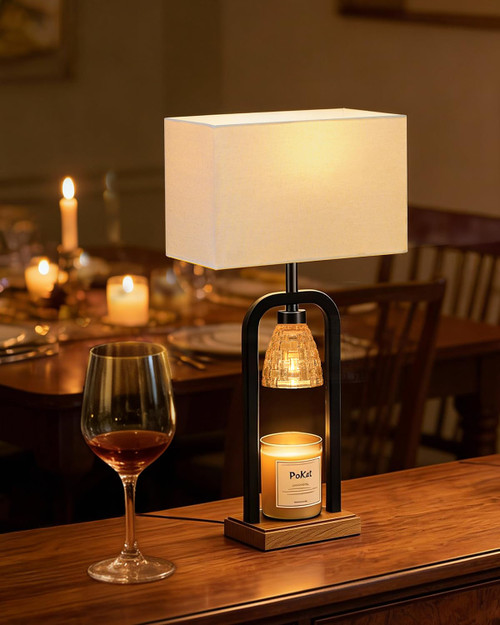 PoKat Electric Candle Warmer Lamp Black, Candle Lamp Warmer with Timer Dimmer & Wood-Like Base, Wax Light Warmer Lamp Jar Candles, Farmhouse Table Lamp for House Warming New Home Decor, Bulb Included