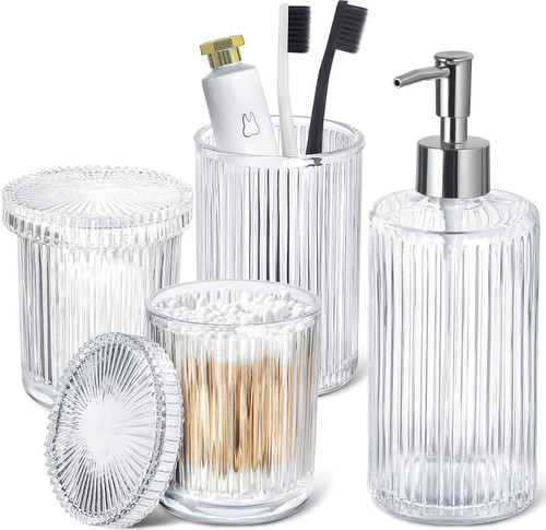 Clear Glass Bath Accessory Sets Complete, Ribbed Soap Dispenser and Toothbrush Holder Set