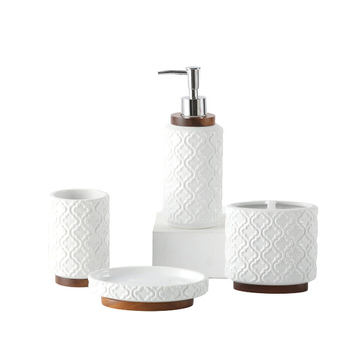 Ceramic and Wood Bathroom Accessory Set Soap Dispenser Toothbrush Holder Tumbler Soap Dish