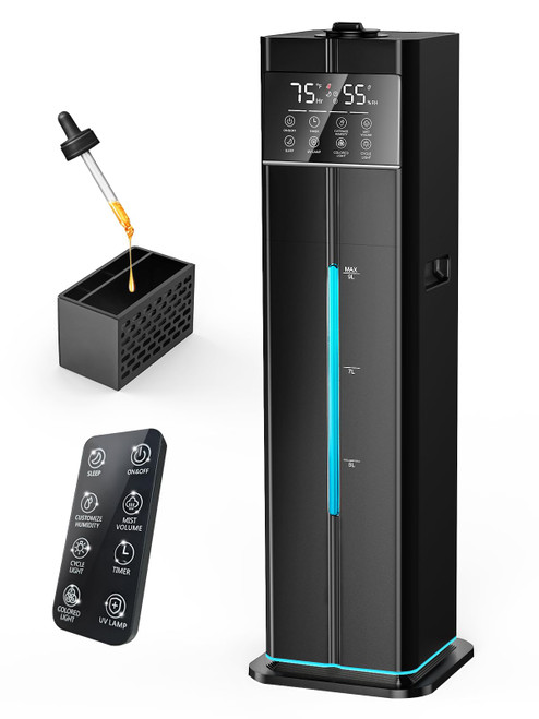 Cool Mist Humidifiers for Large Room, Ultrasonic 2.4Gal 9L Quiet Top-Fill, Easy Clean with Essential Oil Tray, 360°Nozzle, 4 Speed, Remote, 60H Runtime, for Baby, Adults, Plants, Home, House, Bedroom