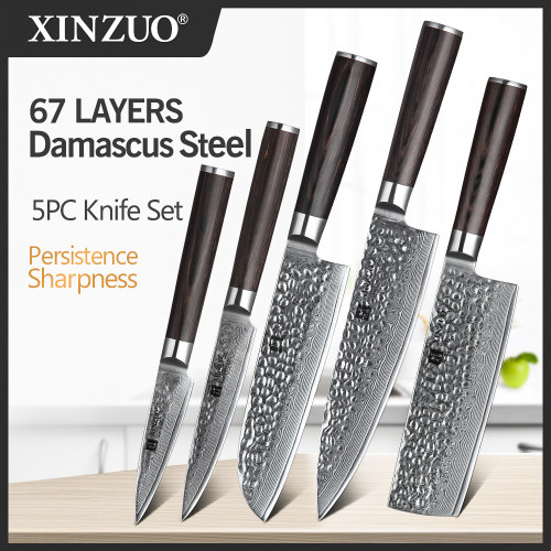 XINZUO 5PCS Kitchen Knife Sets 67 Layers High Carbon Damascus Stainless Steel Knife Cleaver Chef Utility with Pakka Wood Handle