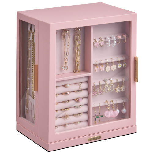 Glimmloop 360° Rotating Jewelry Box with 5 Drawers, Spacious Vertical Jewelry Organizer with Glass Window, Jewelry Storage Case, Dustproof & Moisture-resistant Design, Pink