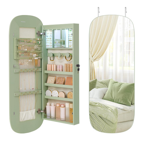 SONGMICS Jewelry Organizer, LED Jewelry Cabinet Wall/Door Mounted, Lockable Rounded Wide Mirror with Storage, Interior Mirror, 3.9 x 16.5 x 42.5 Inches, Laurel Green Surface with Cream White Lining