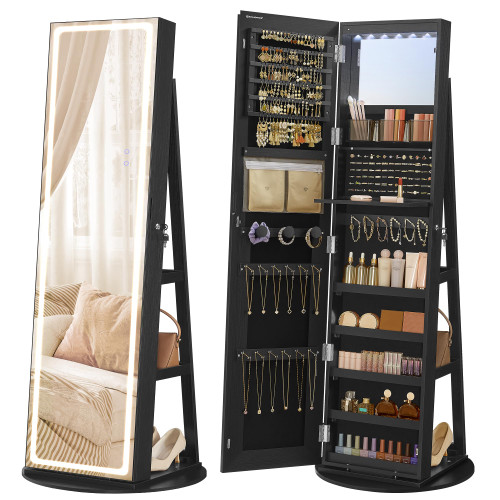 SONGMICS LED Jewelry Cabinet Standing, Lockable Armoire With Full-Length Mirror and Adjustable Lights, Space-Saving Organizer, Gift Idea, Ink Black UJJC008B01
