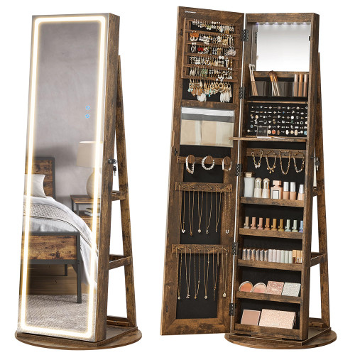 SONGMICS LED Jewelry Cabinet Standing, Lockable Armoire With Full-Length Mirror and Adjustable Lights, Space-Saving Organizer, Gift Idea, Rustic Brown UJJC008X01