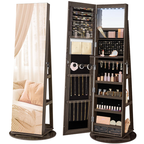 SONGMICS 6 LEDs Lockable Mirror Jewelry Cabinet, 360° Swivel Jewelry Organizer Armoire Standing, Frameless Full-Length Mirror, 3 Storage Shelves, Ash Brown Surface, Black Lining UJJC007K02