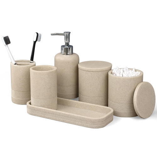 Bathroom Accessory Set with Soap Dispenser, Toothbrush Holder Set, Vanity Tray, Tumbler & 2 Cotton Swab Jars,