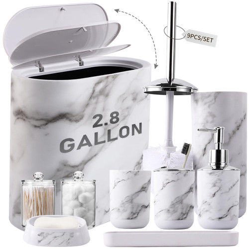 Bathroom Set, White Bathroom Accessories with Slim Trash Can, Soap Dispenser, Toilet Brush