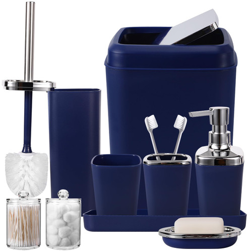 Bathroom Accessories Set, 9-Piece Plastic Gift Set with Trash Can, Toothbrush Holder