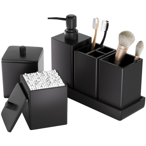Bathroom Accessories Set Resin 6PCS, Square Toothbrush Holders Set Complete with Soap Dispenser