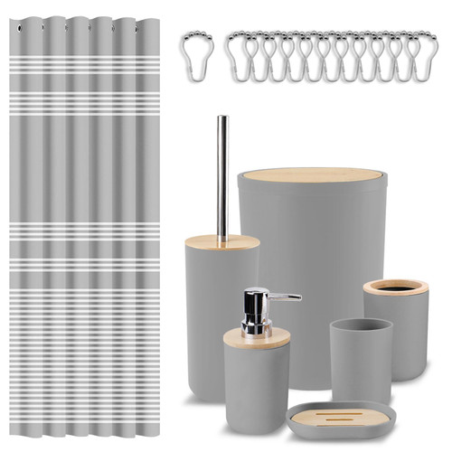 Bathroom Accessories Set, Grey Shower Curtain Set with Trash Can, Soap Dispenser, Toilet Brush Holder