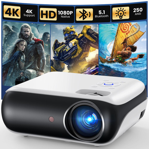 HAPPRUN Native 1080P Bluetooth Mini Projector, Full HD Portable Outdoor Movie Projector with Built-in Speaker, Compatible with Smartphone, HDMI, USB, AV, Fire Stick, PS5 for Home, Bedroom, Outdoor Use
