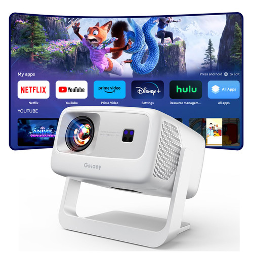 [3000+ Licensed Apps/Live TV/HDR10+/50W DoIby Audio] Smart 4K-Projector with WiFi and Bluetooth, Goiaey 3200ANSI Outdoor Projector with 360°Stand, Auto Focus, Auto Keystone, Short Throw Proyector