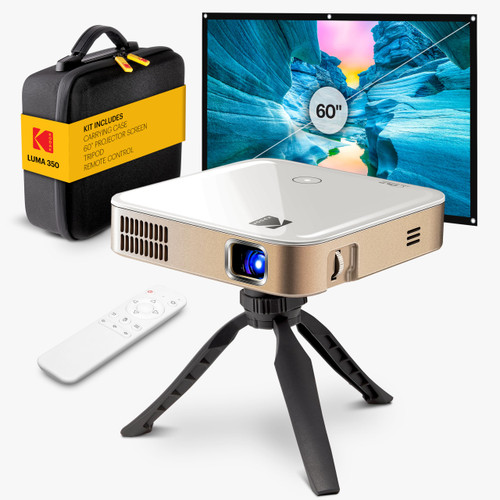 KODAK Luma 350 Complete Kit – Smart Mini DLP with Android OS, Wi-Fi, Screen Mirroring, Remote, Rechargeable Battery – Includes Carrying Case, Tripod & 60” Screen for Home, Office & Travel