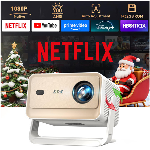 【Compatible with Netflix & Auto Focus】Xgody Gimbal N6 PRO 700 ANSI Native 1080P Smart Projector with WiFi 6 and Bluetooth, 4D Auto Keystone & Voice Controll Portable 4K Support FHD Home Projector