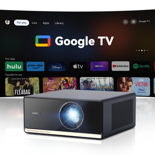 Wanbo X5 Pro Google TV Smart Projector with Wi-Fi & Bluetooth, 4K Supported, 1100 ANSI Outdoor & Home Movie Projector, Auto Focus & Keystone, HDMI 2.0, Voice Control, HDR10 (2025 Upgrade)