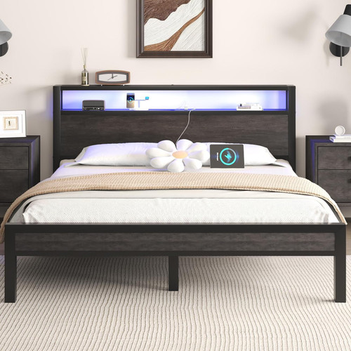 Queen Size Bed Frame with Storage Headboard and LED Lights, Industrial Platform Bed with Charging Station