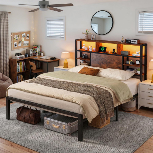 Full Size Bed Frame with Storage Headboard, LED Lights & Charging Station Heavy Duty Metal Platform Bed for Small Bedrooms, 1100 LBS Capacity