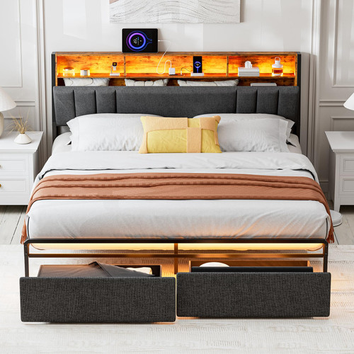 IKIFLY King Bed Frame with Dustproof Storage Drawers, Ergonomic Hidden Storage headboard with Charging Station