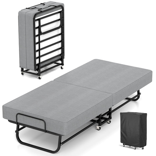Portable Foldable Bed for Adults, Roll Away Guest on Wheels, Memory Foam Mattress and Metal Frame