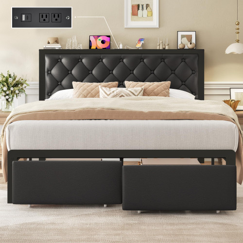 Queen Bed Frame with 2 Storage Drawers, Upholstered Headboard Button Tufted Bed Frame with Charging Station, No Box Spring Needed