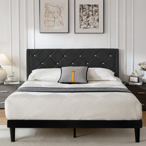 Keyluv Upholstered Queen LED Bed Frame with Headboard, Modern Low Profile Platform Bed with Strong Slats Support, Faux Leather Wave-Like Bed Frame
