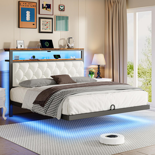 Queen Floating Bed Frame with Headboard, LED Floating Bed Frames with Charging Station and Upholstered Backrest, Storage Shelf