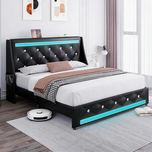 Full Size Bed Frame with LED Lights and Charging Station, Wingback Upholstered Headboard with Diamond Tufted