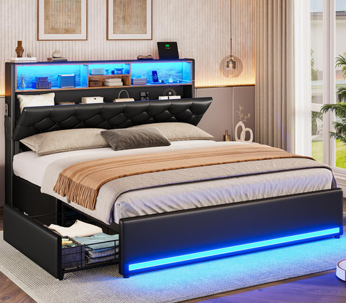 BTHFST LED Bed Frame Full Size with Charging Station & 4 Drawers, Full Size Bed Frame with Headboard Storage