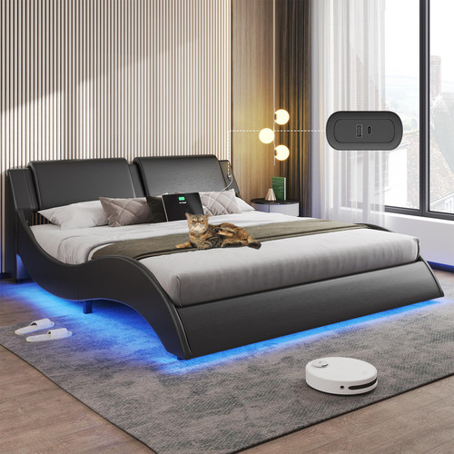 DICTAC Queen Bed Frame with Led Lights and Charging Ports Modern Upholstered Queen Size Platform Bed with Headboard Faux Leather