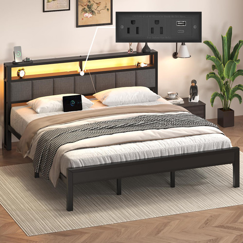 King Size Bed Frame with LED Lights and Charging Station, Wood Storage Headboard with 2-Tier Shelves,