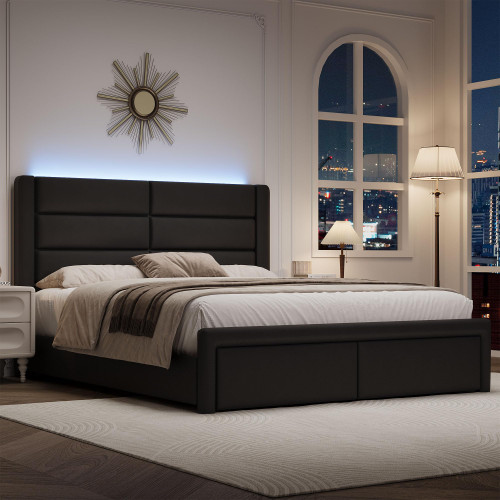 Queen Upholstered Bed Frame with Headboard and LED Lights, Modern Faux Leather Bed Frame with Wooden Slats Support and Heavy Duty Mattress Foundation