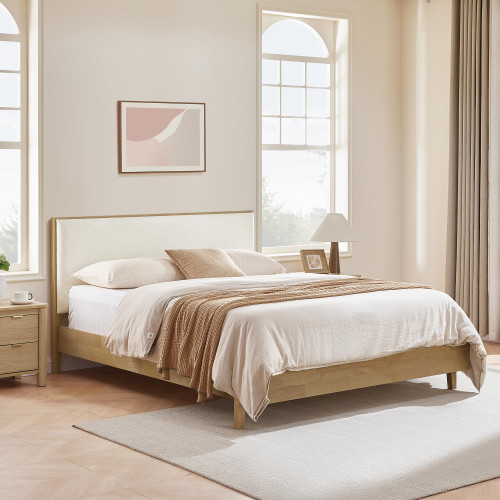 CHITA Queen Size Platform Bed, with Boucle Upholstered Headboard and Wooden Slats Support, No Box Spring Required, Natural Oak