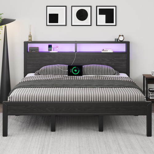 King Size Bed Frame with Storage Headboard, Industrial Platform Bed with Charging Station and LED Lights