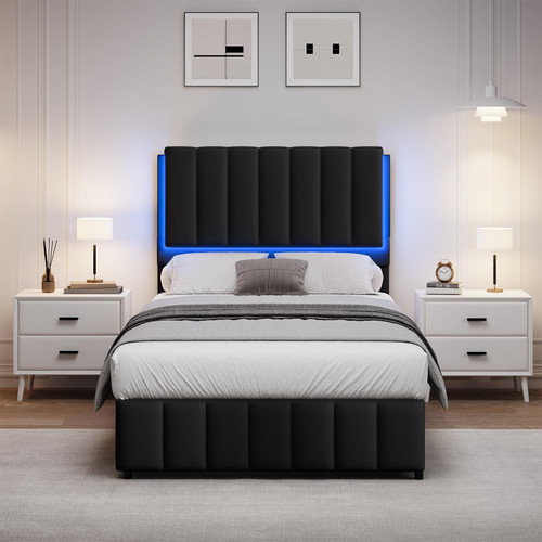 Twin Upholstered Bed Frame with LED Lights, Faux Leather Platform Bed with Headboard and Wooden Slats Support