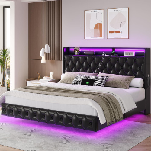 Keyluv Full Floating Bed Frame with LED Lights & Charging Station, Upholstered PU Leather Platform Bed with Button Tufted Storage Headboard