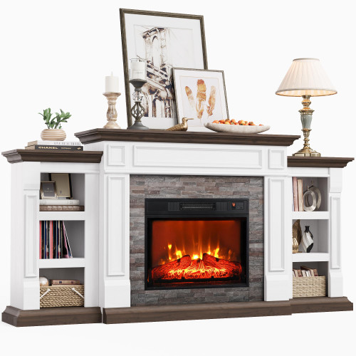Naice 72" Electric Fireplace with Mantel and Cabinets, Fireplace TV Stand for Living Room Bedroom, Stacked Stone Surround and Remote Control