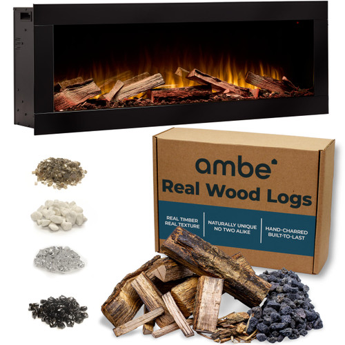 Ambe Linear 50" Electric Fireplace with Real Wood | Hidden Vent Design | Midwest Hardwood Log Set | Recessed or Built-in