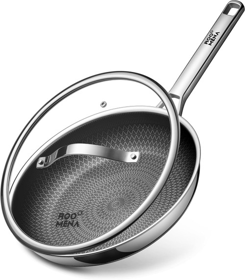 Frying Pans Non Stick, Hybrid Ceramic With Lid, 12 Inch Tri-Ply Stainless Steel Skillet