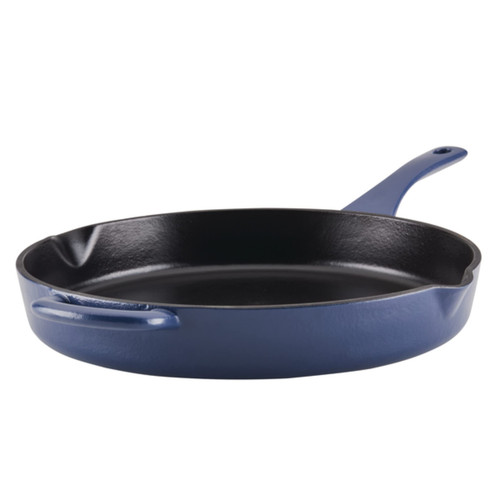 Cast Iron Skillet/Frying Pan with Helper Handle and Pour Spouts, 12 Inch - Anchor Blue