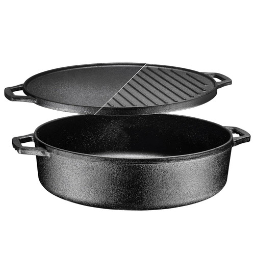 Cast Iron Skillet with Reversible Grill Griddle Lid - 3-in-1 Round Cast Iron Pan for Frying