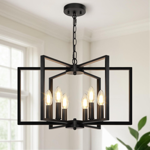 Black Farmhouse Chandelier, 6 Light Geometric Dining Room Light Fixture, Modern Industrial Metal Ceiling Light
