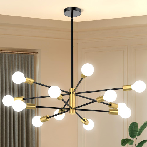 Chandelier 12-Light, Mid Century Modern Height Adjustable Ceiling Light Fixture for Dining Room