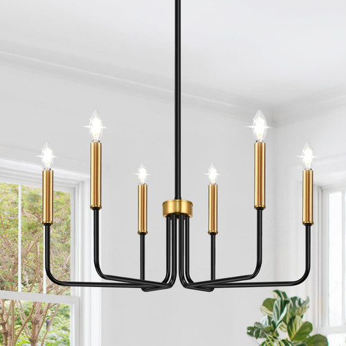 Black and Gold Chandelier, 6-Light Farmhouse Chandelier for Dining Room Lighting Fixtures Hanging