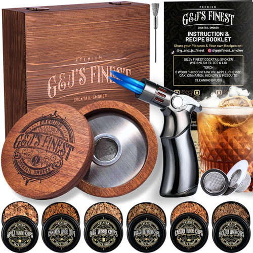 Whiskey Smoker Kit with Torch - 6 Wood Chips & Wooden Box for Smoking Drinks| Cocktail Smoker Kit