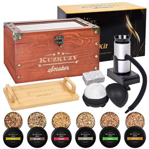 Cocktail Smoker Kit - Whiskey Smoker Kit with Smoking Gun, Smoker Box, 6 Flavors Wood Chips with Whiskey Stones & Ice Mold