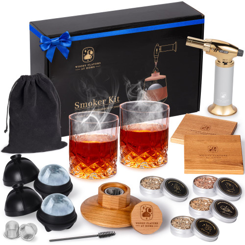 Cocktail Smoker Kit for Whiskey, Bourbon, and Drinks with Cherry Smoker, Natural Wood Chip Flavors, Culinary Torch, Ice Cube Spheres, 2 Coasters, 2 Glasses