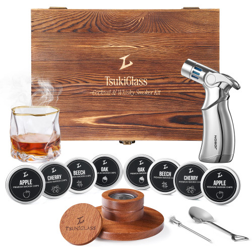 Japanese Whisky Smoker Kit with Torch - 8 Wood Chip Flavors (200+ Drinks), Sapele Wood Top