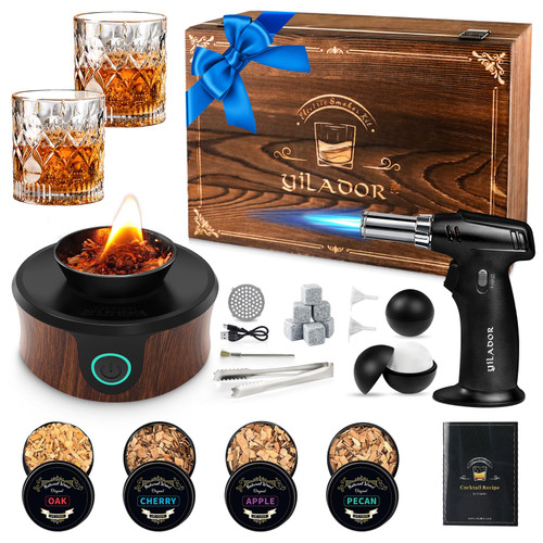 Electric Whiskey Smoker Kit with Torch, Premium Wooden Box, 4 Wood Chips, Ice Molds, Recipes, Cocktail Smoker Kit for Bourbon & Old Fashioned
