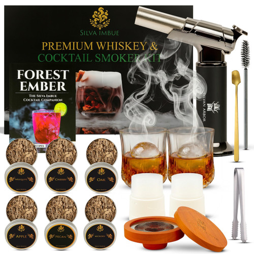 Silva Imbue Whiskey Smoker Kit with Torch – 6 Wood Chips, Oak Lid, Glasses, Ice Molds